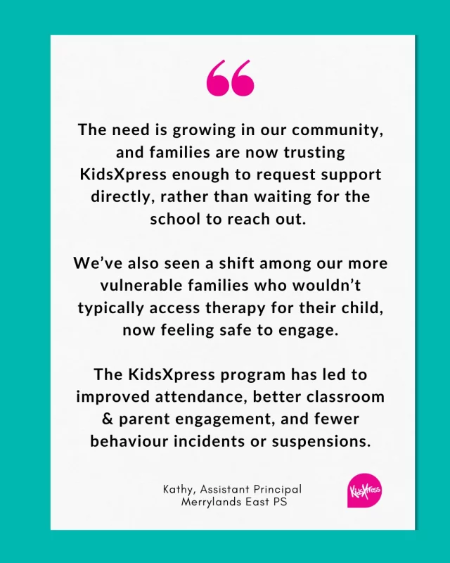 One year on at Merrylands East Public School and the results speak for themselves. 💛  Families who once hesitated to seek support are now coming forward. Teachers are noticing calmer classrooms, better attendance and stronger parent engagement — all through the trusted relationships built with KidsXpress through our School Partnership Program.  This is what real change looks like, and it starts with trust.  #KidsXpress #TraumaInformed #StudentWellbeing #CommunitySupport #EmotionalHealth #SchoolPartnerships #SchoolBasedPrograms #MentalHealth #ExpressiveTherapy