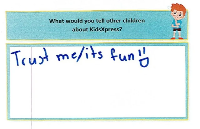 "Trust me, it’s fun!" 💜
Sometimes, kids trust the words of other kids more than anything an adult could say — and that’s exactly why their voices matter most to us. This feedback came from a child at our Macquarie Park Centre halfway through their expressive therapy program, using our Child Outcome Rating Scale (CORS) tool. We check in pre-, mid- and post-therapy to ensure each child is heard, supported, and progressing in ways that matter to them.  #TestimonialTuesday #ChildVoice #ExpressiveTherapy #KidsXpress