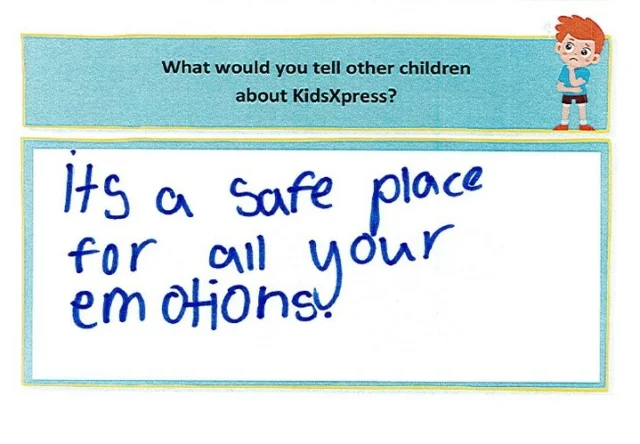 We all need a safe place for our emotions. 💜
For this child, KidsXpress is that place — somewhere they can express every feeling without fear or judgement.  Where’s your safe place for your emotions?  #TestimonialTuesday #ChildVoice #EmotionalWellbeing #KidsXpress