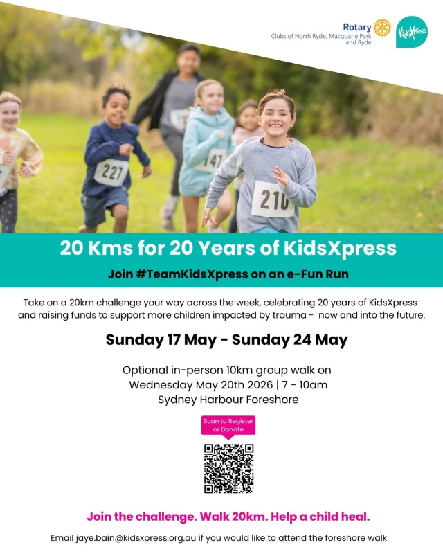 We’re proud to share that KidsXpress is a beneficiary of this year’s North Ryde, Macquarie Park and Ryde Rotary eFun Run.  By taking part, you’re not just moving your body, you’re helping transform young lives. Every step, stride, lap or cycle supports KidsXpress in delivering expressive therapy programs for children who have experienced trauma.  These programs give children a safe space to heal, build resilience, and find their voice, something every child deserves.  Join the Rotary eFun Run your way, anywhere, during the week of 17-24th May, and be part of something truly meaningful.  Together, we can help more children access the support they need to thrive.  https://rotary-north-ryde-efun-run-for-youth-mental-health-2026.raiselysite.com/t/kids-xpress  #RotaryeFunRun #KidsXpress #MoveForGood #SupportChildren #MakeAnImpact