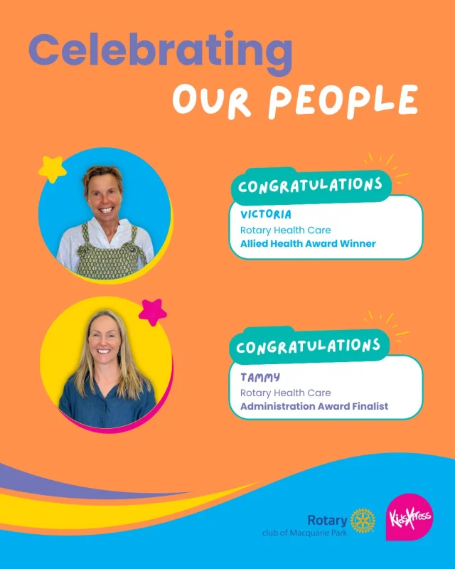 A huge congratulations to Victoria one of our Expressive Therapists, who took home the Rotary Macquarie Park Health Care - Allied Health Award last month!  And a massive shout-out to Tammy, our Operations Manager, who was recognised as a finalist in the Administration category.  These two incredible humans make such a difference at KidsXpress every single day. Their passion, dedication, and commitment help create brighter futures for the children and families we support.  Join us in celebrating Victoria and Tammy!  #KidsXpress #AwardWinner #TeamKidsXpress #AlliedHealth #AdministrationExcellence #ProudTeam #MakingADifference #WorkplaceRecognition