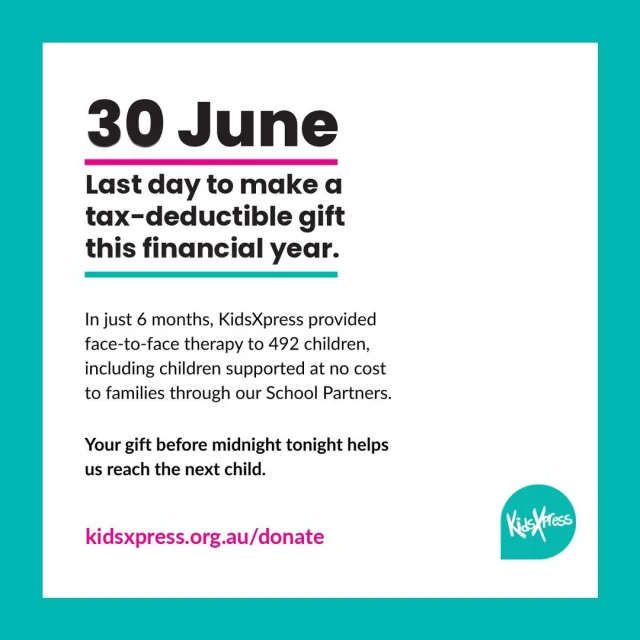 Today is the last day to make a tax-deductible gift this financial year.  In just six months, KidsXpress provided face-to-face expressive therapy to 492 children. Real clinicians. Real sessions. Tailored support, for as long as each child needed it.  Through our school programs, this support is provided at no cost to families - and every donation helps us reach more children who need support.  This is what early intervention looks like. And it’s only possible because of people who choose to give.  If you’ve been meaning to support KidsXpress this year, tonight is the moment.  👉 Link in Bio  Every gift is tax-deductible. Every gift helps us reach a child.  #EOFY #TaxDeductible #KidsXpress #ChildMentalHealth #EarlyIntervention #Donate