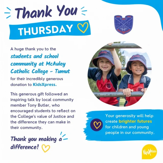 This Thank You Thursday, we're sending our heartfelt thanks to the incredible students, staff, and wider school community @mcauleycatholiccollegetumut for their generous donation to KidsXpress.  Following an inspiring presentation by local community member Tony Butler, students embraced the College's values by turning their learning into action, coming together to make a generous donation that will help children and young people in their community heal, build resilience, and thrive.  It's inspiring to see young people demonstrate such compassion and a genuine commitment to making a difference. Their generosity is a powerful reminder of what can be achieved when a community comes together with kindness and purpose.  To everyone at McAuley Catholic College, thank you for your generosity, your compassion, and for showing that every act of giving has the power to make a lasting impact.  #ThankYouThursday #KidsXpress #McAuleyCatholicCollege #CommunitySupport #JusticeInAction #TogetherWeCan #TraumaInformed #Gratitude #MakingADifference