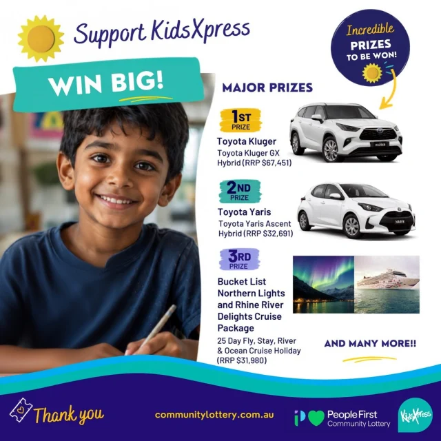 If you’d like to support KidsXpress in a simple way and be in the running to win some incredible prizes, we’ve joined the @peoplefirstbankau Community Lottery.  Every $2 ticket goes directly to KidsXpress, helping us support children experiencing trauma and adversity.  Take a look at the prize list and grab your tickets:  Link is in the Bio ☝️  Thank you for helping us ensure more children can access the support they need, when they need it most.  #KidsXpress #PeopleFirstCommunityLottery #SupportLocal #CommunityGiving #EveryTicketCounts #ChildrensMentalHealth #TraumaInformed #WinForGood #MakeADifference