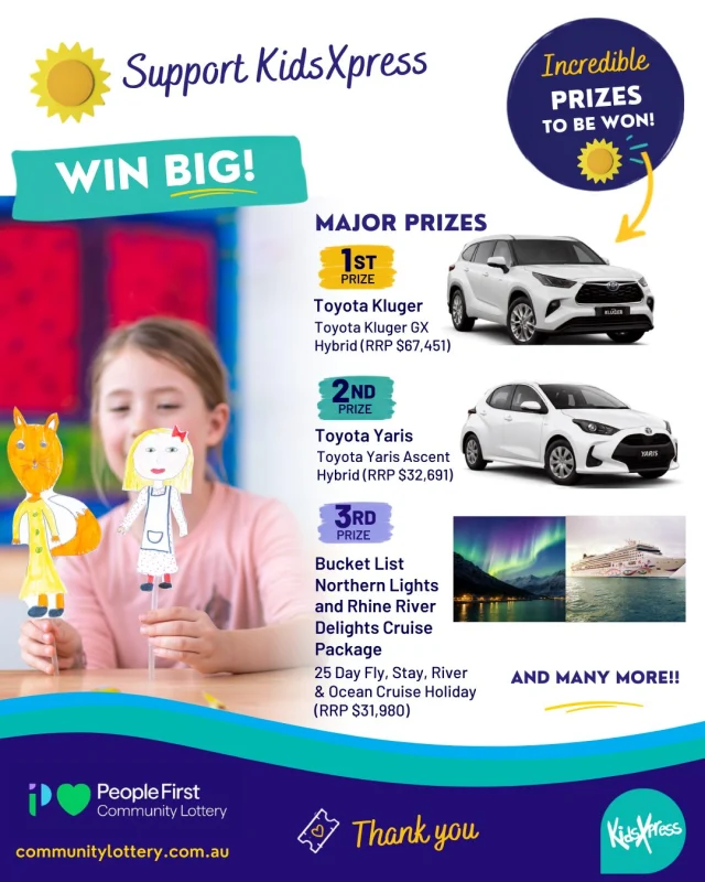 There’s still time to get in for the early bird draw in the @peoplefirstbankau Community Lottery.  From cars to travel and tech prizes — it’s a great way to support KidsXpress while giving yourself a chance to win something meaningful.  Tickets are just $2.00  Click the link in bio to get your tickets today!! ☝️  #KidsXpress #PeopleFirstCommunityLottery #SupportLocal #CommunityGiving #EveryTicketCounts #ChildrensMentalHealth #TraumaInformed #WinForGood #MakeADifference