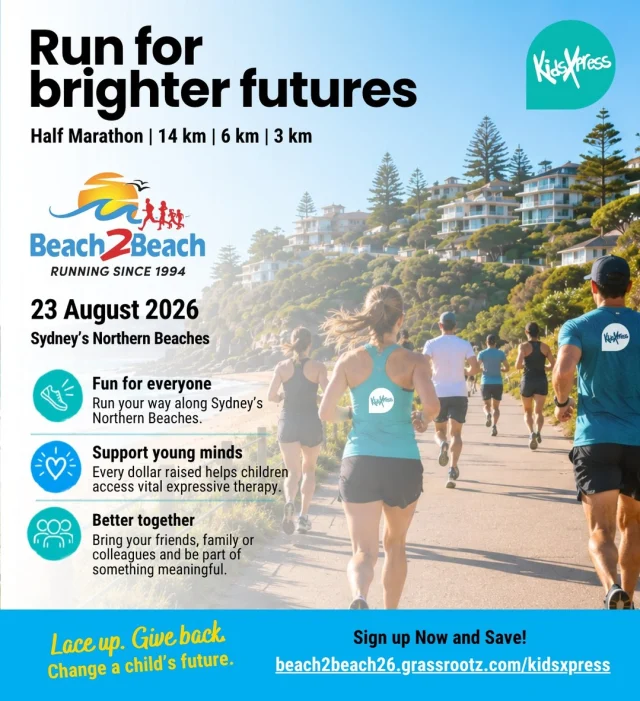 There is still time to join the iconic Beach2Beach Running Festival and support KidsXpress!  Register before 10 August to take advantage of discounted entry.  When you register, simply choose KidsXpress as your charity of choice and help raise vital funds so more children impacted by trauma and adversity can access the therapeutic support they need.  So gather your family, friends or colleagues, lace up your runners, and join Team KidsXpress for an unforgettable day on Sydney's beautiful Northern Beaches.  Discounted registration ends 10 August.  Don't miss out, sign up today and start your fundraising journey!  🔗 beach2beach26.grassrootz.com/kidsxpress  #Beach2Beach #KidsXpress #TeamKidsXpress #FunRun #CommunityFundraising #RunForACause #ChildrensMentalHealth #NorthernBeaches #EveryStepCounts #MakeADifference